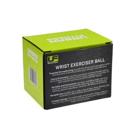 A green and black box labeled Urban Fitness Wrist Exerciser Ball highlights grip and forearm strengthening, injury prevention, portability, and a compact design.
