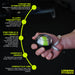A hand holds the Urban Fitness Wrist Exerciser Ball with a green core, shown against a dark background. The Urban Fitness logo appears, while text highlights targeted grip strength, injury prevention, portability, compact design, and versatile use.