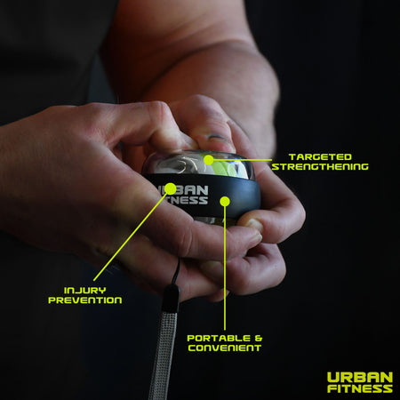 Close-up of hands holding the Urban Fitness Wrist Exerciser Ball, with labels: Targeted Strengthening, Injury Prevention, Portable & Convenient. Black background and yellow Urban Fitness logo in the corner. Ideal for boosting grip strength.