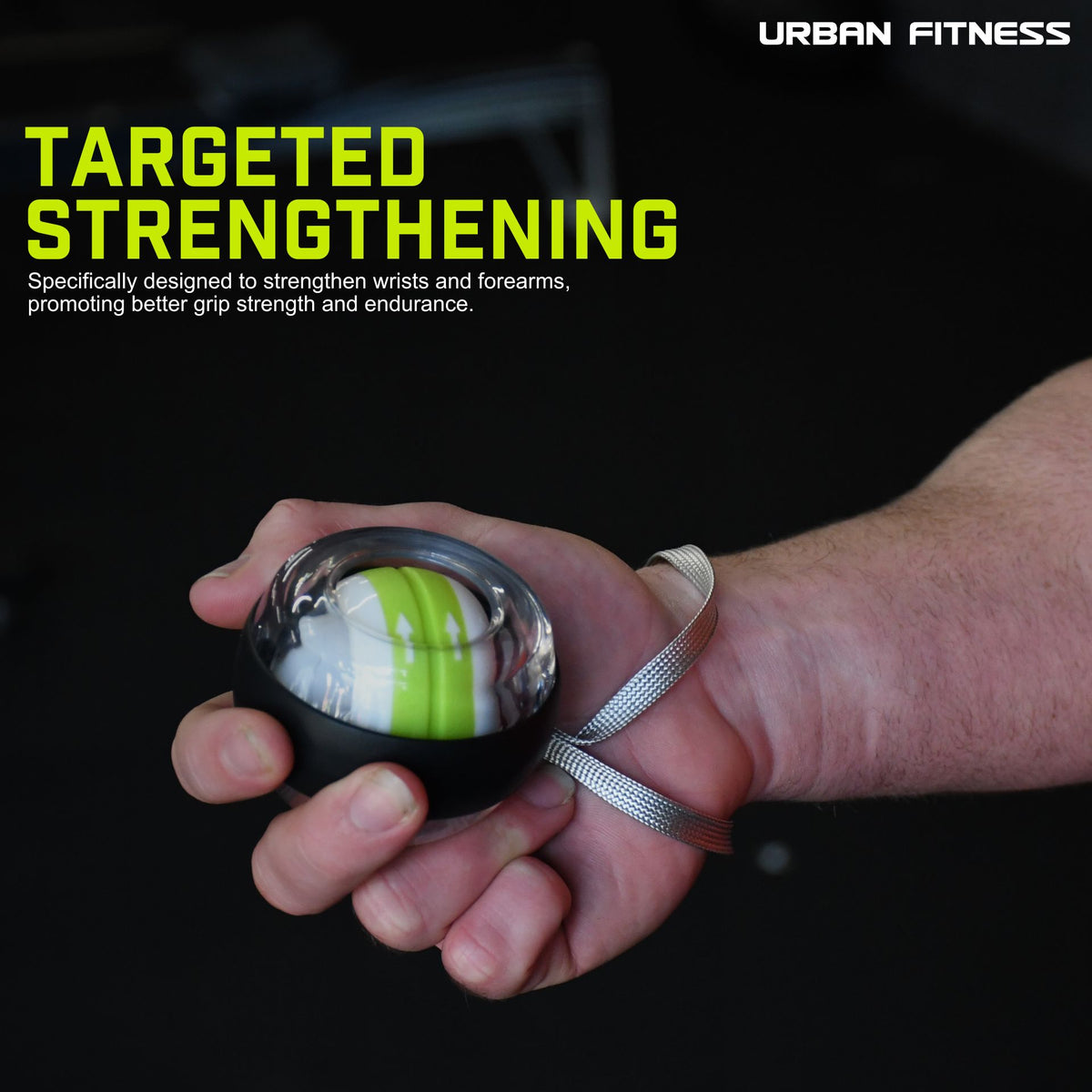 A close-up of a hand gripping the Urban Fitness Wrist Exerciser Ball, with “Targeted Strengthening” and “Urban Fitness” text overlaid, promoting better grip strength and injury prevention.