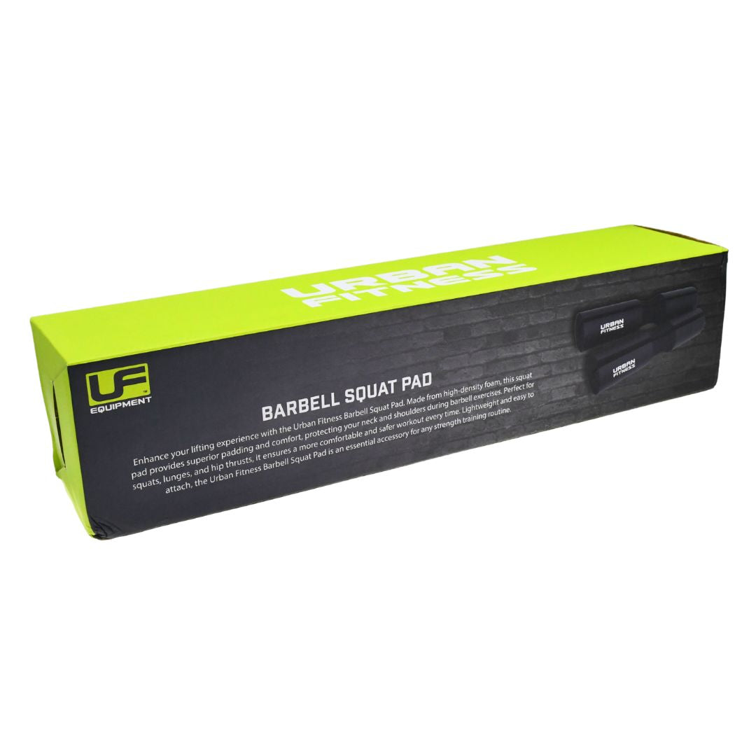 A green and black box labeled Urban Fitness Barbell Squat Pad showcases branding, squat support details, and an image of a high-density foam barbell squat pad on the right side.