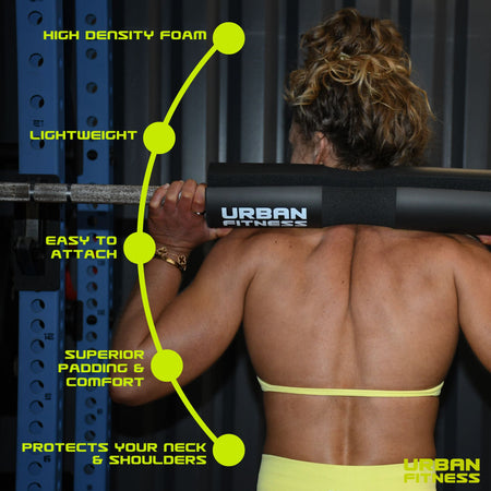 A woman with a muscular back lifts a barbell cushioned by the black Urban Fitness Barbell Squat Pad, which features high-density foam, lightweight design, easy attachment, superior comfort, and excellent neck and shoulder squat support.