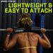 At the gym, a person lifts a barbell with the Urban Fitness Barbell Squat Pad on their shoulders. Above, bold yellow text reads LIGHTWEIGHT & EASY TO ATTACH, emphasizing its supportive design and high-density foam comfort.