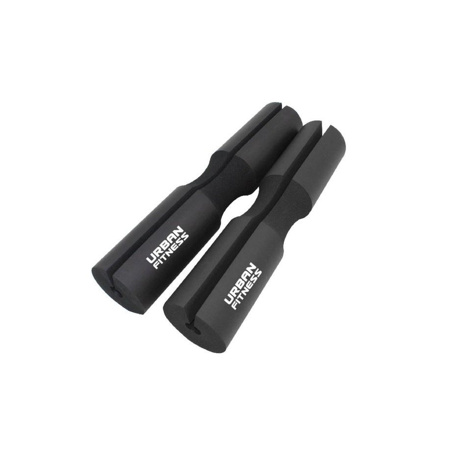 Two Urban Fitness Barbell Squat Pads in black high-density foam with “URBAN FITNESS” printed in white, designed for cushioning and squat support during weightlifting.