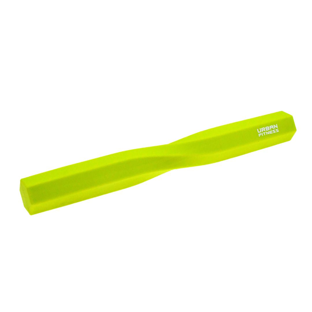 The Urban Fitness Twist & Flex Resistance Bar is a bright yellow, twisted bar with hexagonal ends for grip strength exercises. "URBAN FITNESS" is printed in white on one end.