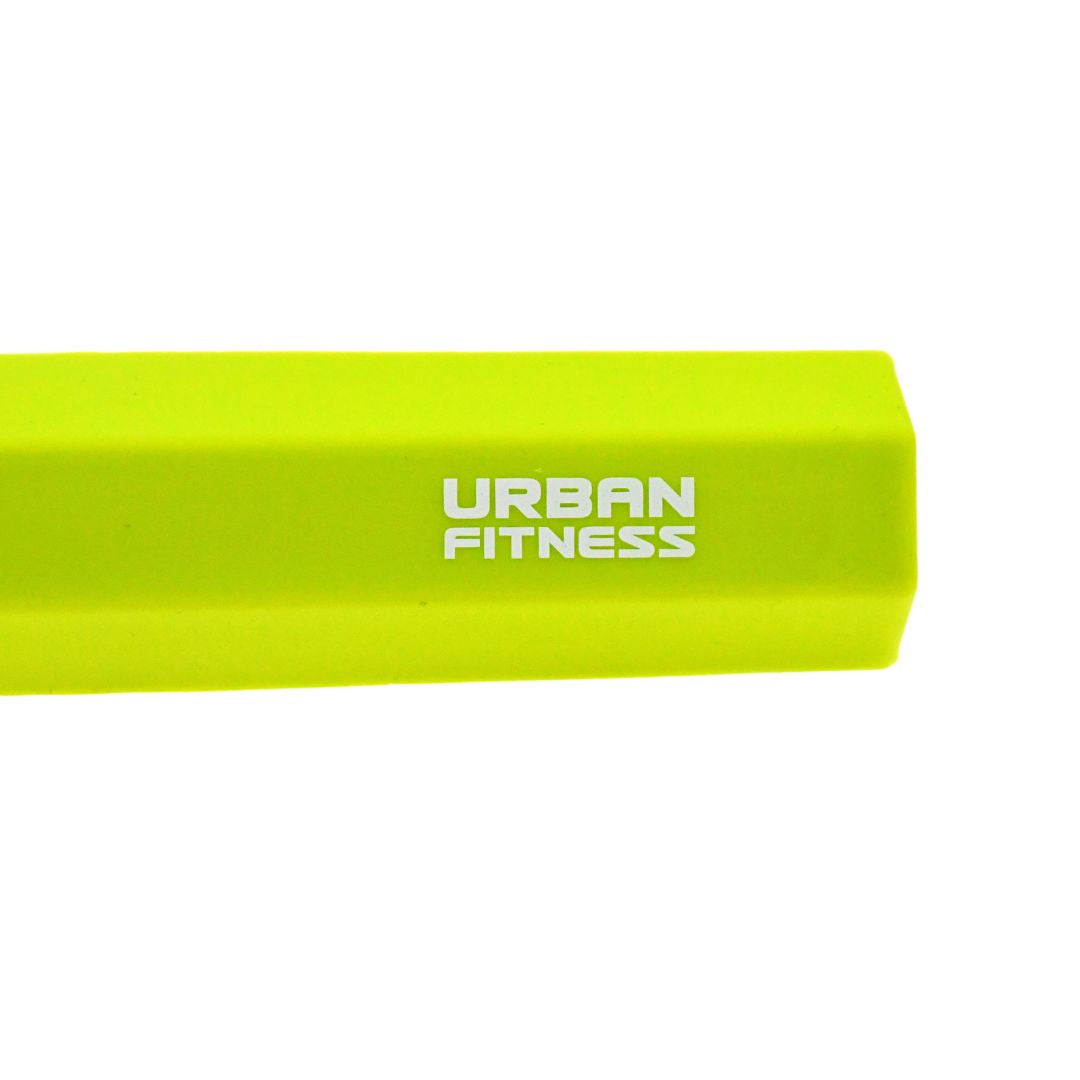 A close-up of the Urban Fitness Twist & Flex Resistance Bar, a bright green rectangular product by Urban Fitness with "URBAN FITNESS" in white, designed to enhance grip strength during workouts.