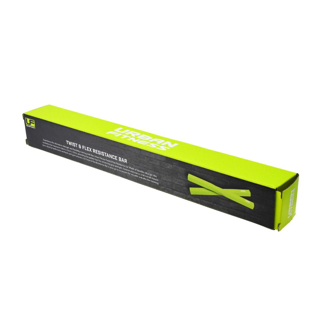 A green and black box labeled Urban Fitness contains the Urban Fitness Twist & Flex Resistance Bar for grip strength, with an image of the bar on the packaging.