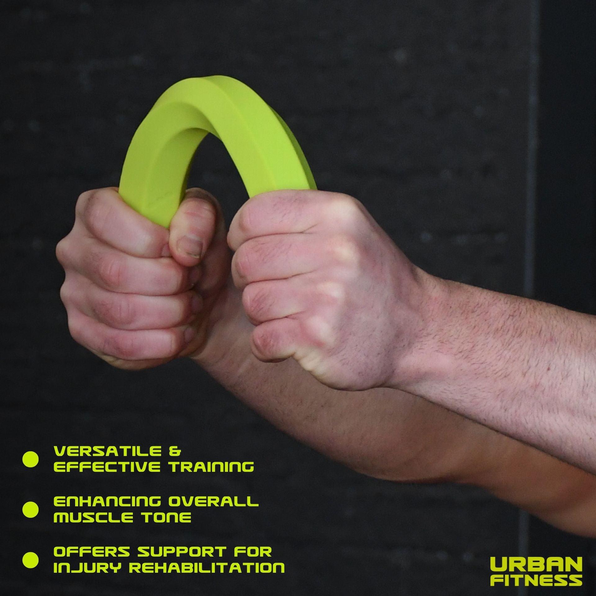 Close-up of hands squeezing the Urban Fitness Twist & Flex Resistance Bar to boost grip strength. Text highlights versatile training, improved muscle tone, and injury recovery support. Urban Fitness logo appears in the bottom right corner.