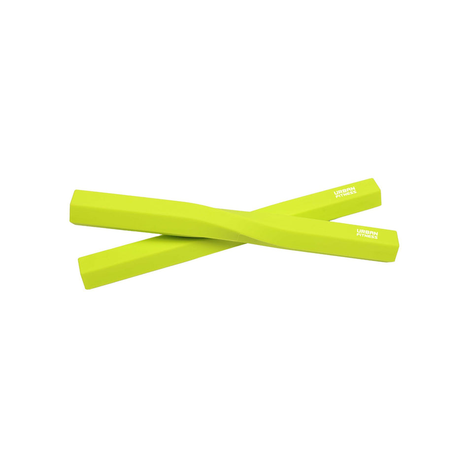 A bright green Urban Fitness Twist & Flex Resistance Bar with a slight twist in the middle, displayed on a white background. "Urban Fitness" is printed on the end, making it ideal for grip strength exercises and injury recovery.