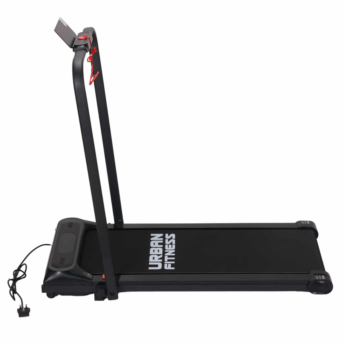 The Urban Fitness Walking Treadmill by Urban Fitness is a black, compact treadmill featuring a digital display, side power cord, and "URBAN FITNESS" on the running belt. Its smart fitness tracking and simple design make it ideal for home use.