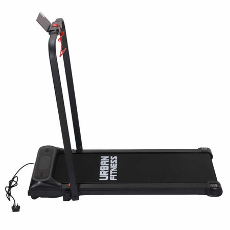 The Urban Fitness Walking Treadmill by Urban Fitness is a black, compact treadmill featuring a digital display, side power cord, and "URBAN FITNESS" on the running belt. Its smart fitness tracking and simple design make it ideal for home use.