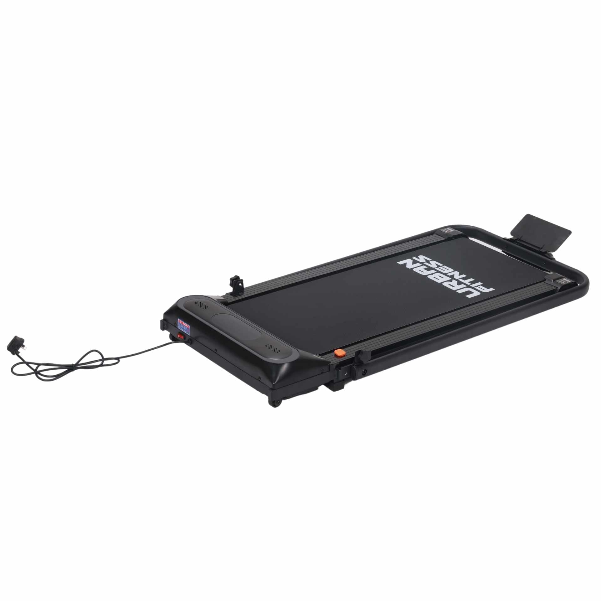 The Urban Fitness Walking Treadmill by Urban Fitness is shown in black with a compact, foldable design, smart fitness tracking, a power cord, and a tablet holder on the right side.