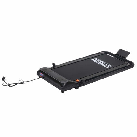 The Urban Fitness Walking Treadmill by Urban Fitness is shown in black with a compact, foldable design, smart fitness tracking, a power cord, and a tablet holder on the right side.