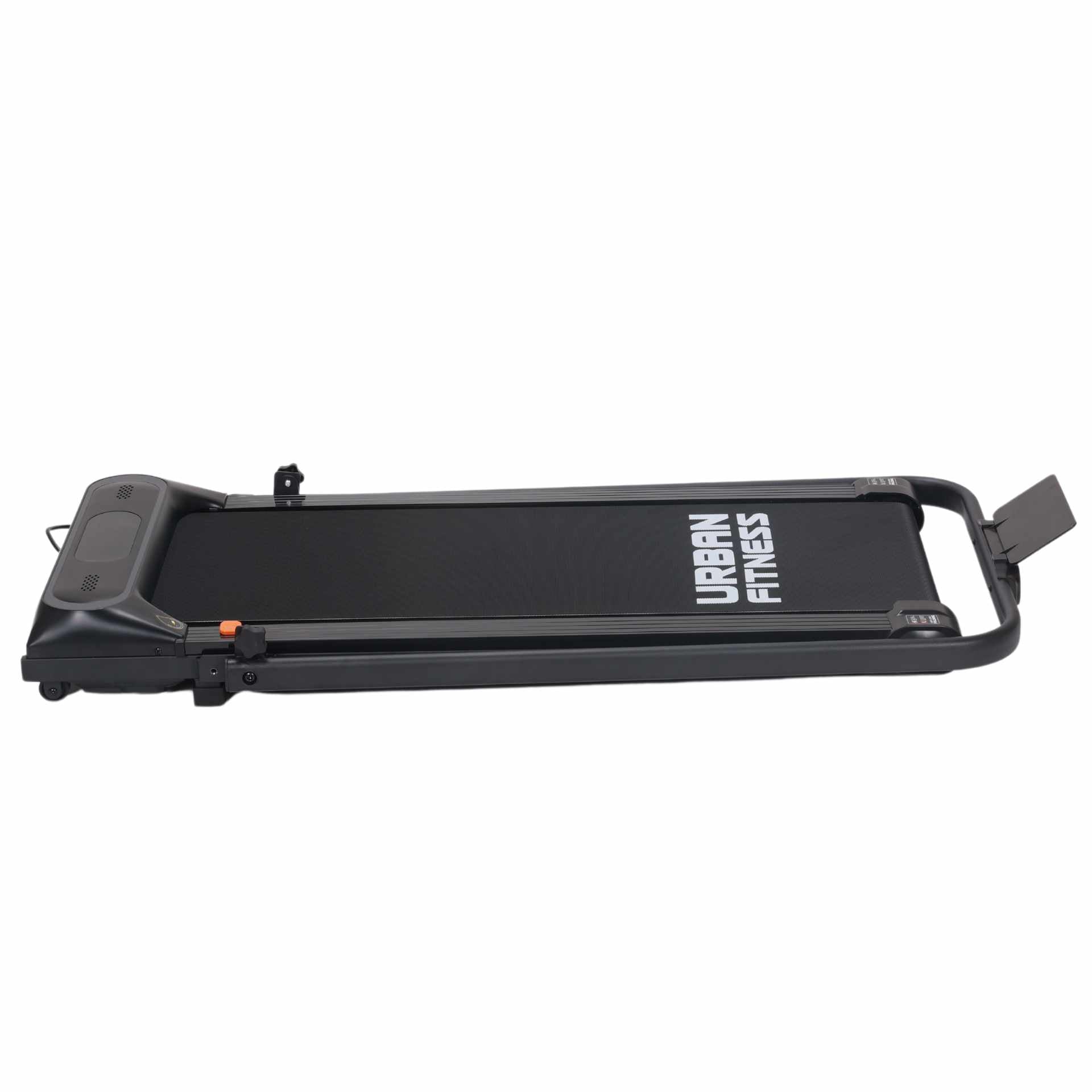 The Urban Fitness Walking Treadmill is a black, flat, foldable treadmill designed for home use. It features a minimalistic frame, simple control panel, smart fitness tracking, and the Urban Fitness logo on the running surface.