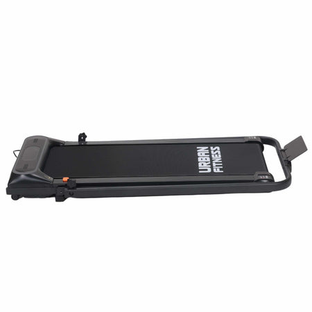 The Urban Fitness Walking Treadmill is a black, flat, foldable treadmill designed for home use. It features a minimalistic frame, simple control panel, smart fitness tracking, and the Urban Fitness logo on the running surface.