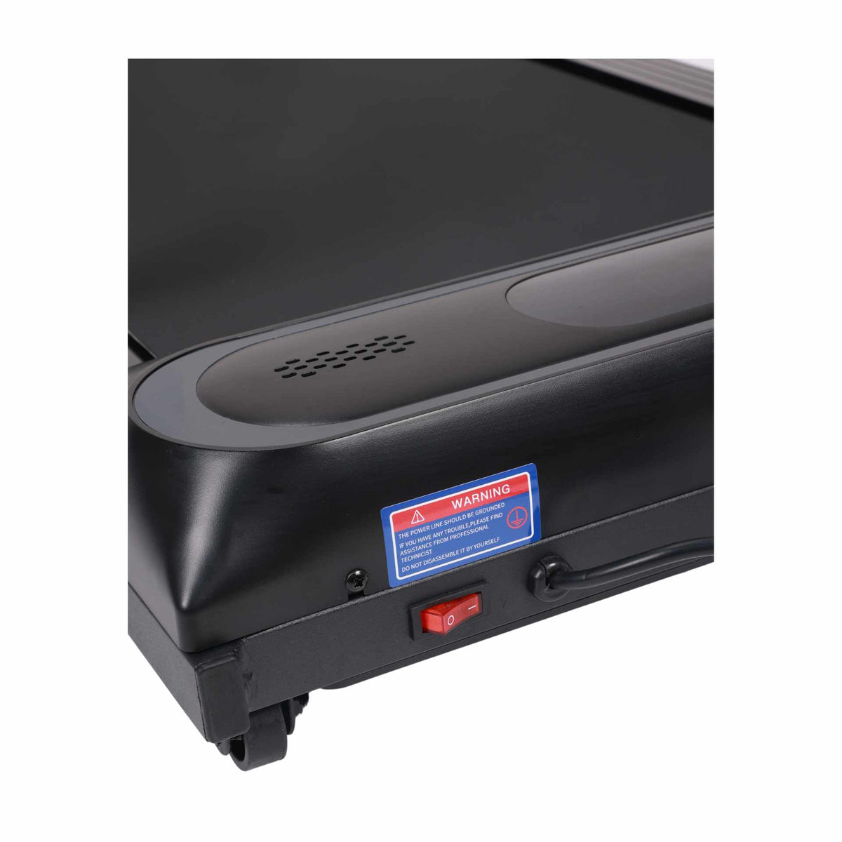 Close-up of the Urban Fitness Walking Treadmill base by Urban Fitness, highlighting its red power switch, warning label, speaker holes, running belt section, and integrated smart fitness tracking features.