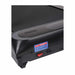 Close-up of the Urban Fitness Walking Treadmill base by Urban Fitness, highlighting its red power switch, warning label, speaker holes, running belt section, and integrated smart fitness tracking features.
