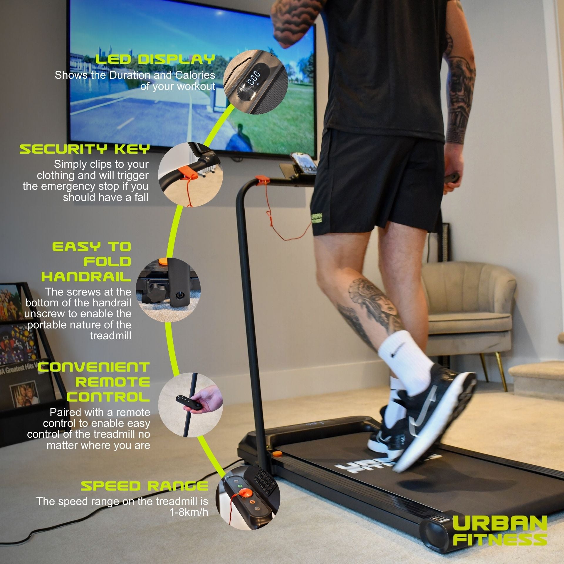 A tattooed person uses the Urban Fitness Walking Treadmill in a modern living room. Features shown: LED display, security key, folding handrail, remote control, smart fitness tracking, and 1.8–8 km/h speed range. Urban Fitness logo visible.