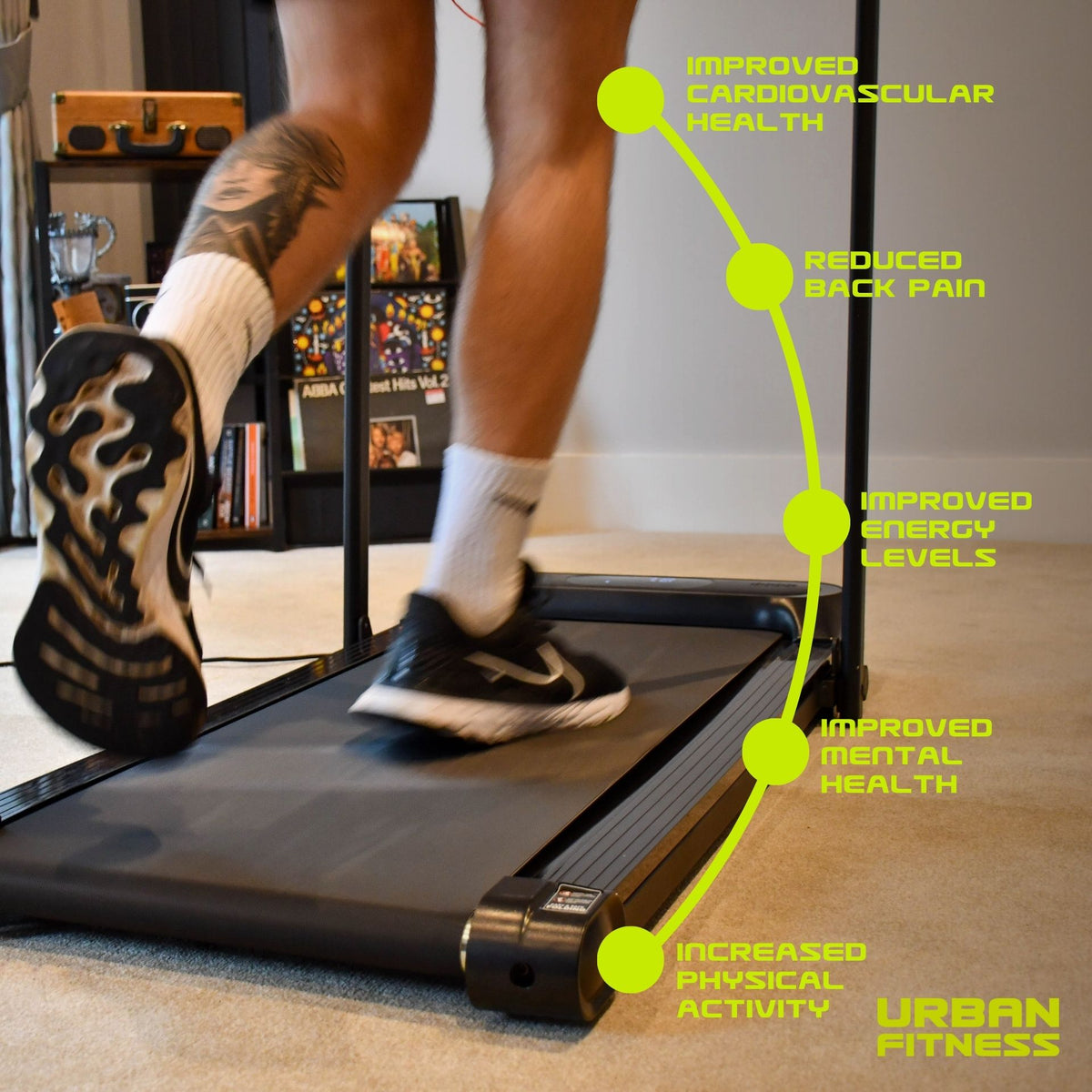 A person running on the Urban Fitness Walking Treadmill by Urban Fitness, which features smart fitness tracking.