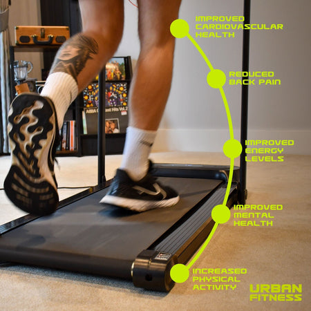 A person running on the Urban Fitness Walking Treadmill by Urban Fitness, which features smart fitness tracking.