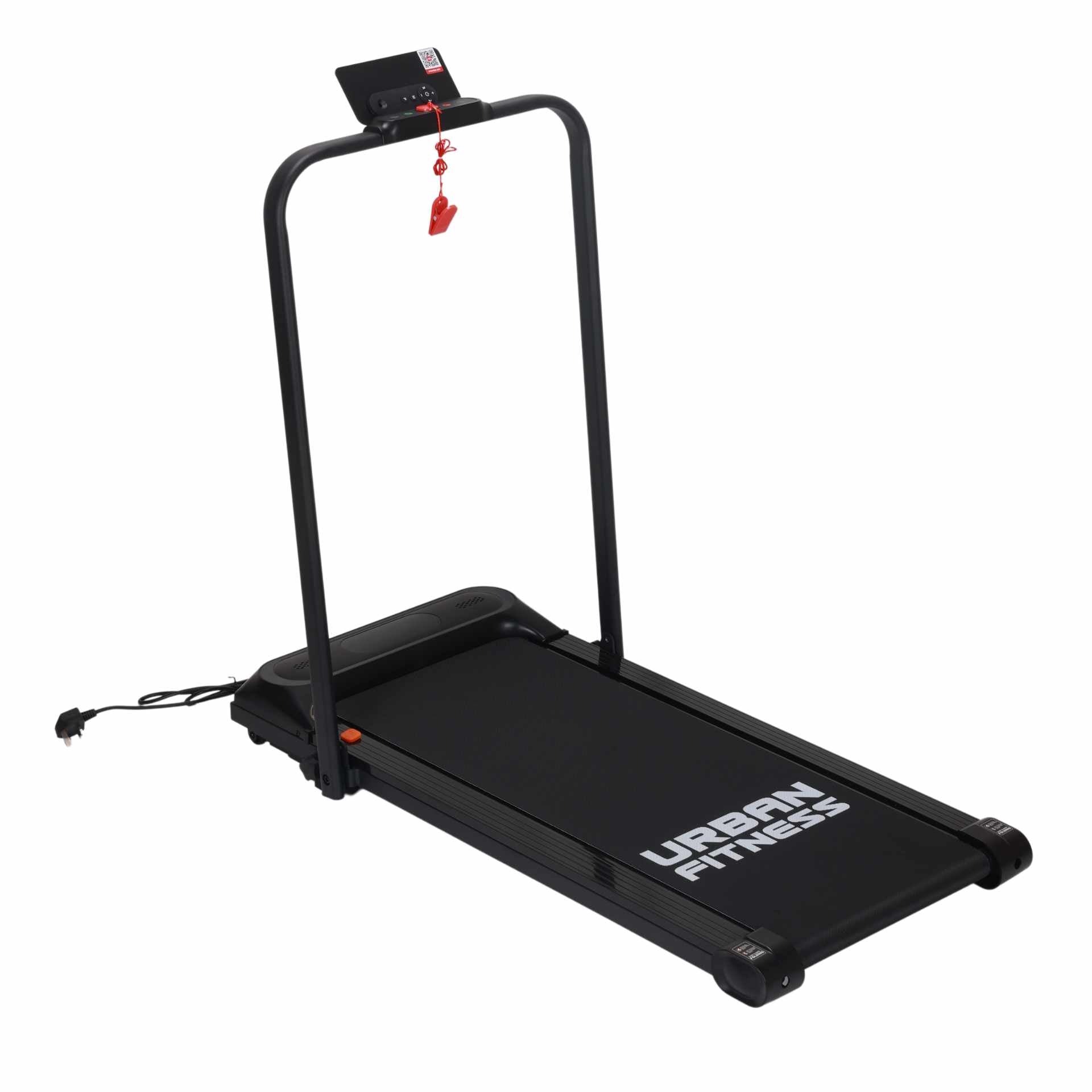 The Urban Fitness Walking Treadmill is a black, compact home treadmill with a simple frame, safety key, visible cord, and URBAN FITNESS branding on the running surface.