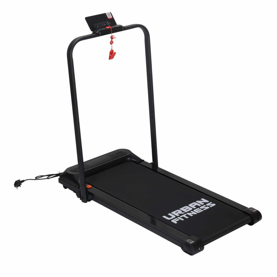 The Urban Fitness Walking Treadmill is a black, compact home treadmill with a simple frame, safety key, visible cord, and URBAN FITNESS branding on the running surface.