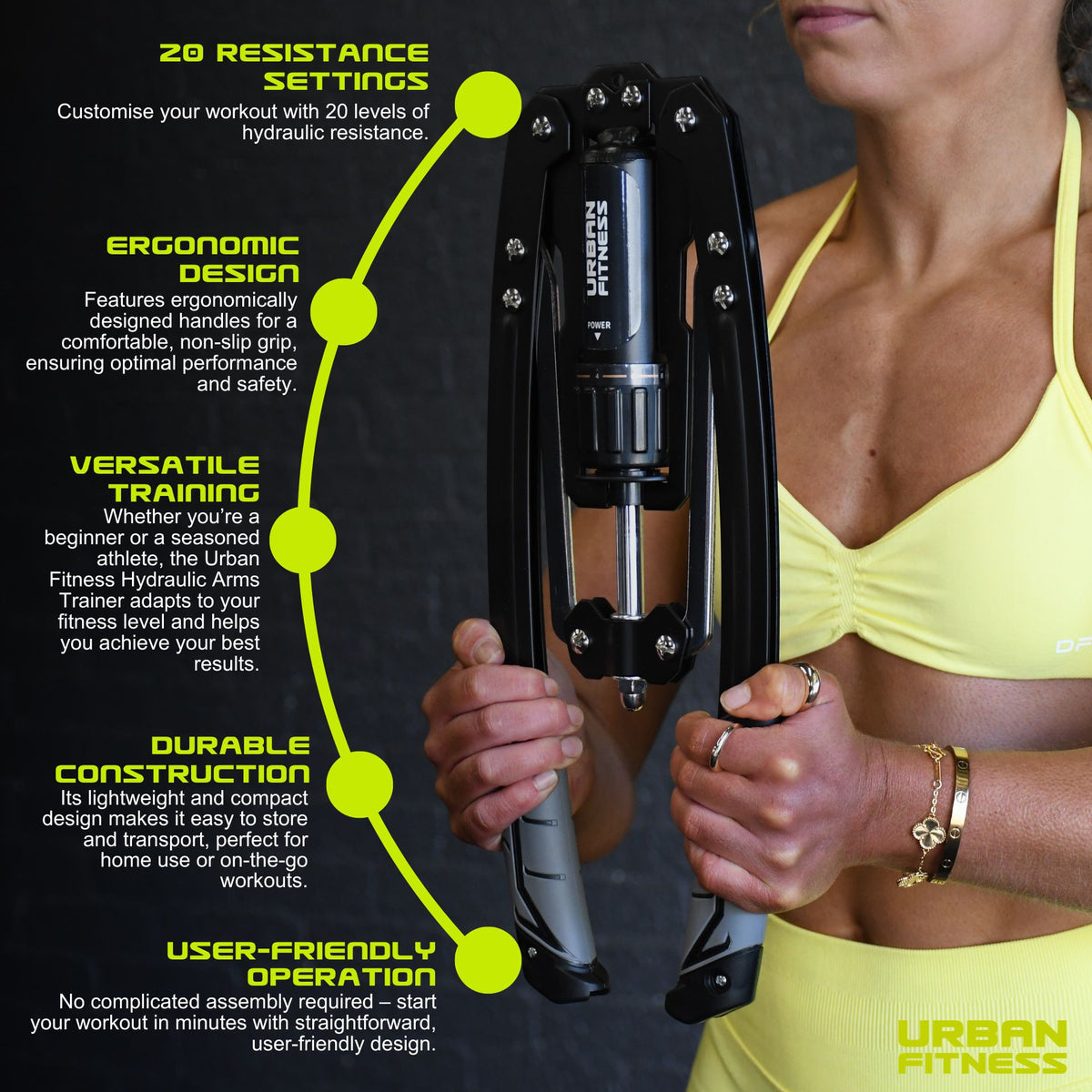 A woman in yellow activewear uses the Urban Fitness Hydraulic Arms Trainer, featuring 20 adjustable resistance levels, an ergonomic design, versatile upper body workouts, durable build, and easy operation by Urban Fitness.