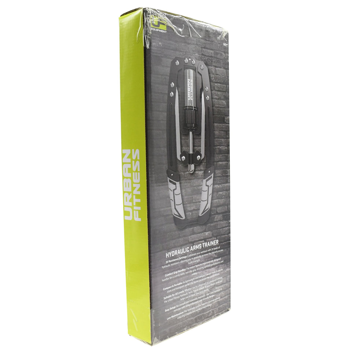 Box of the Urban Fitness Hydraulic Arms Trainer by Urban Fitness, featuring a product image and info on the front, plus a green side panel with the brand name. Designed to build upper body strength with adjustable resistance.