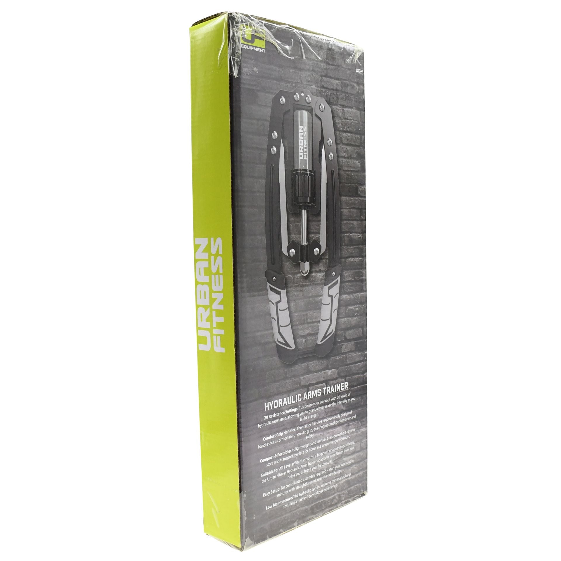 Box of the Urban Fitness Hydraulic Arms Trainer by Urban Fitness, featuring a product image and info on the front, plus a green side panel with the brand name. Designed to build upper body strength with adjustable resistance.