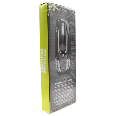 Box of the Urban Fitness Hydraulic Arms Trainer by Urban Fitness, featuring a product image and info on the front, plus a green side panel with the brand name. Designed to build upper body strength with adjustable resistance.