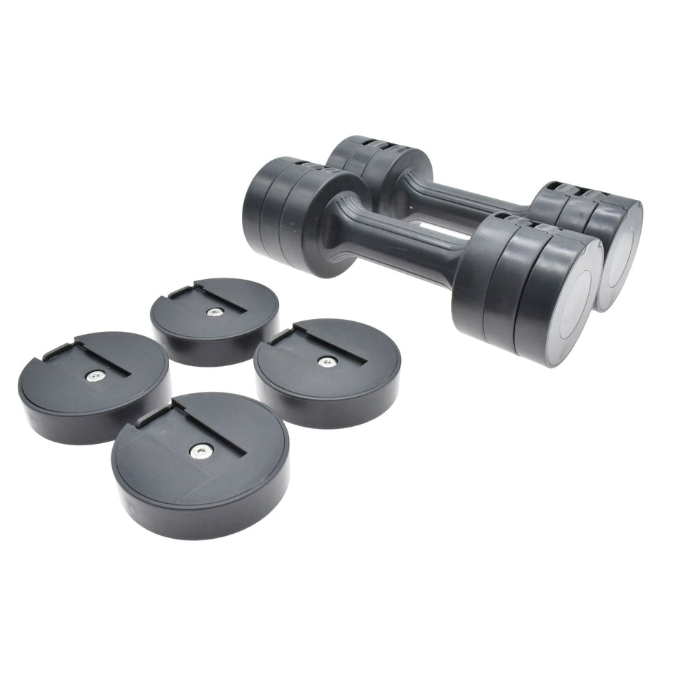 The Urban Fitness 2.5kg Adjustable Dumbbell Set by Urban Fitness features quick-change weights and four removable round plates, shown on a white background—perfect for compact home gyms.