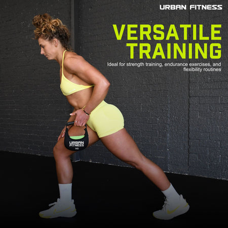A woman in yellow workout gear lifts the Urban Fitness Fabric Kettlebell with one hand at the gym. Text: Versatile Training—ideal for strength, endurance, and flexibility routines by Urban Fitness.