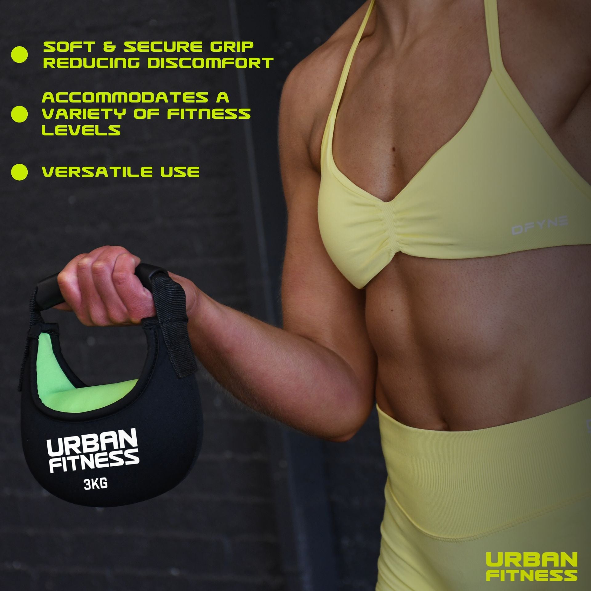 A woman in a yellow sports outfit holds a 3kg Urban Fitness Fabric Kettlebell—perfect for home gyms. Features include a soft grip, versatility, and suitability for many exercises. The Urban Fitness logo is visible in the bottom right corner.