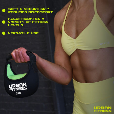 A woman in a yellow sports outfit holds a 3kg Urban Fitness Fabric Kettlebell—perfect for home gyms. Features include a soft grip, versatility, and suitability for many exercises. The Urban Fitness logo is visible in the bottom right corner.