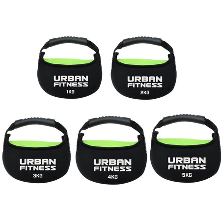 Five Urban Fitness Fabric Kettlebells, in black and green and labeled 1–5 kg, are displayed in two rows on a white background—perfect for your home gym setup.