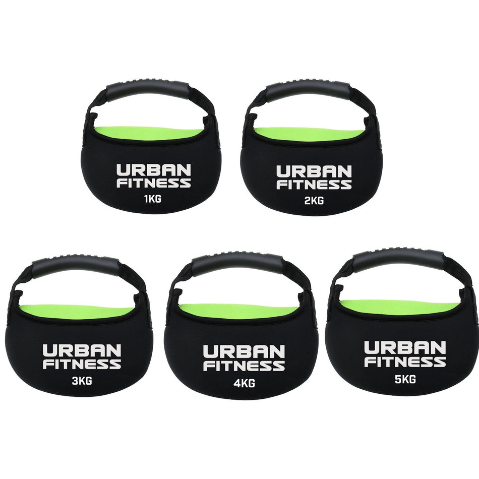 Five Urban Fitness Fabric Kettlebells, in black and green and labeled 1–5 kg, are displayed in two rows on a white background—perfect for your home gym setup.