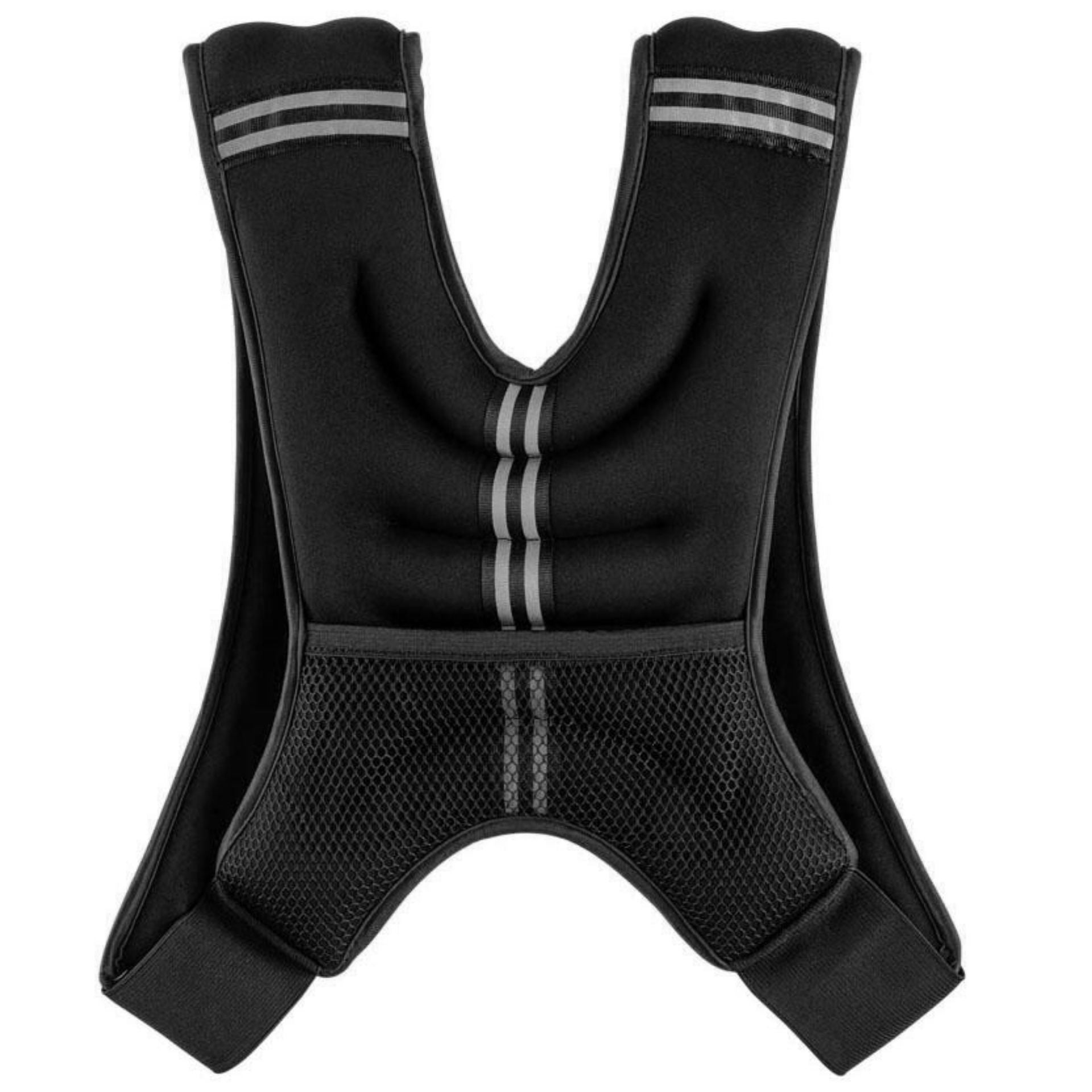 The Urban Fitness X Shape Weighted Vest by Urban Fitness is black with reflective stripes, features a back mesh pocket, and has adjustable bottom straps for a secure fit—ideal for strength training or running.