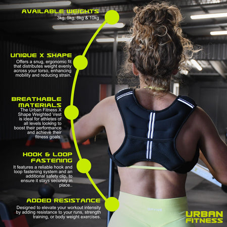 A woman at the gym wears the Urban Fitness X Shape Weighted Vest with reflective strips. Features include various weights, ergonomic design, breathable fabric, hook & loop fastening, and added resistance. Urban Fitness logo displayed.