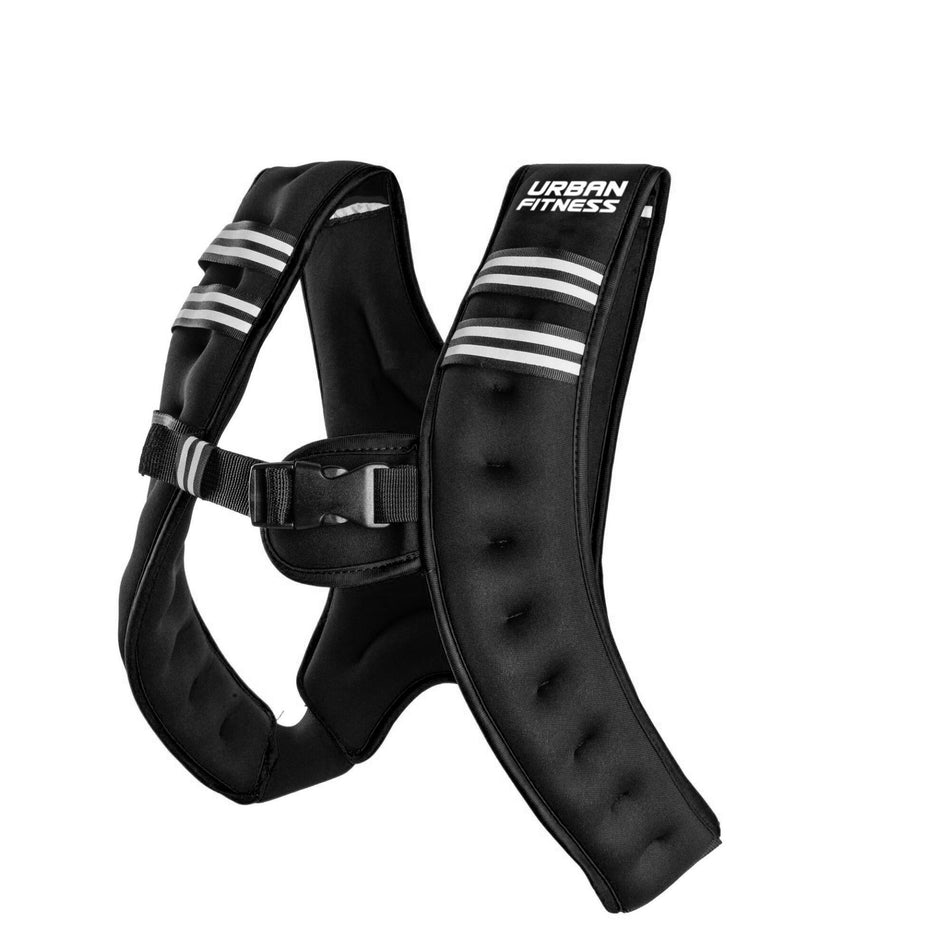 The Urban Fitness X Shape Weighted Vest in black features padded straps, a front buckle, and Urban Fitness branding, making it ideal for exercise or fitness training.