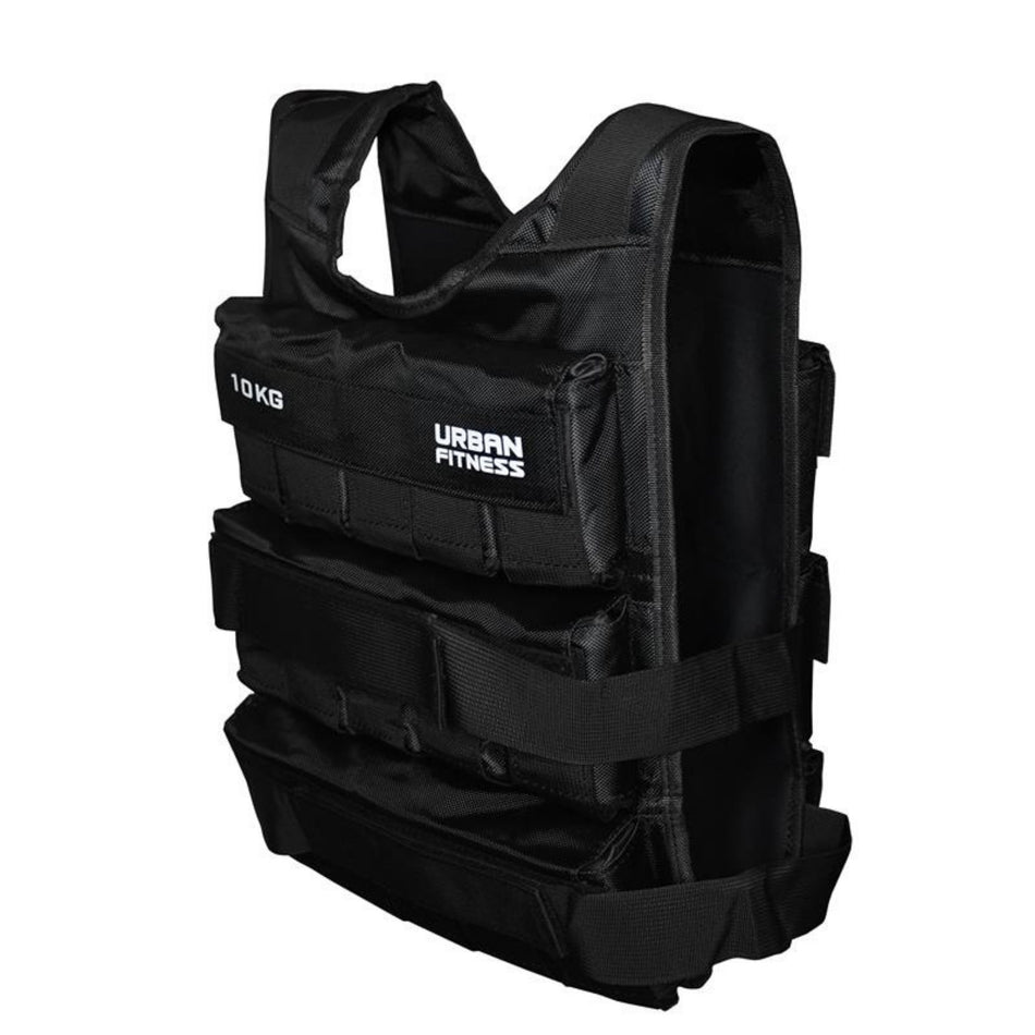 The Urban Fitness Adjustable Weighted Vest is a black vest with 10 KG marked on the front, featuring multiple adjustable straps and padded sections for comfort—ideal for progressive overload or high-intensity workouts.