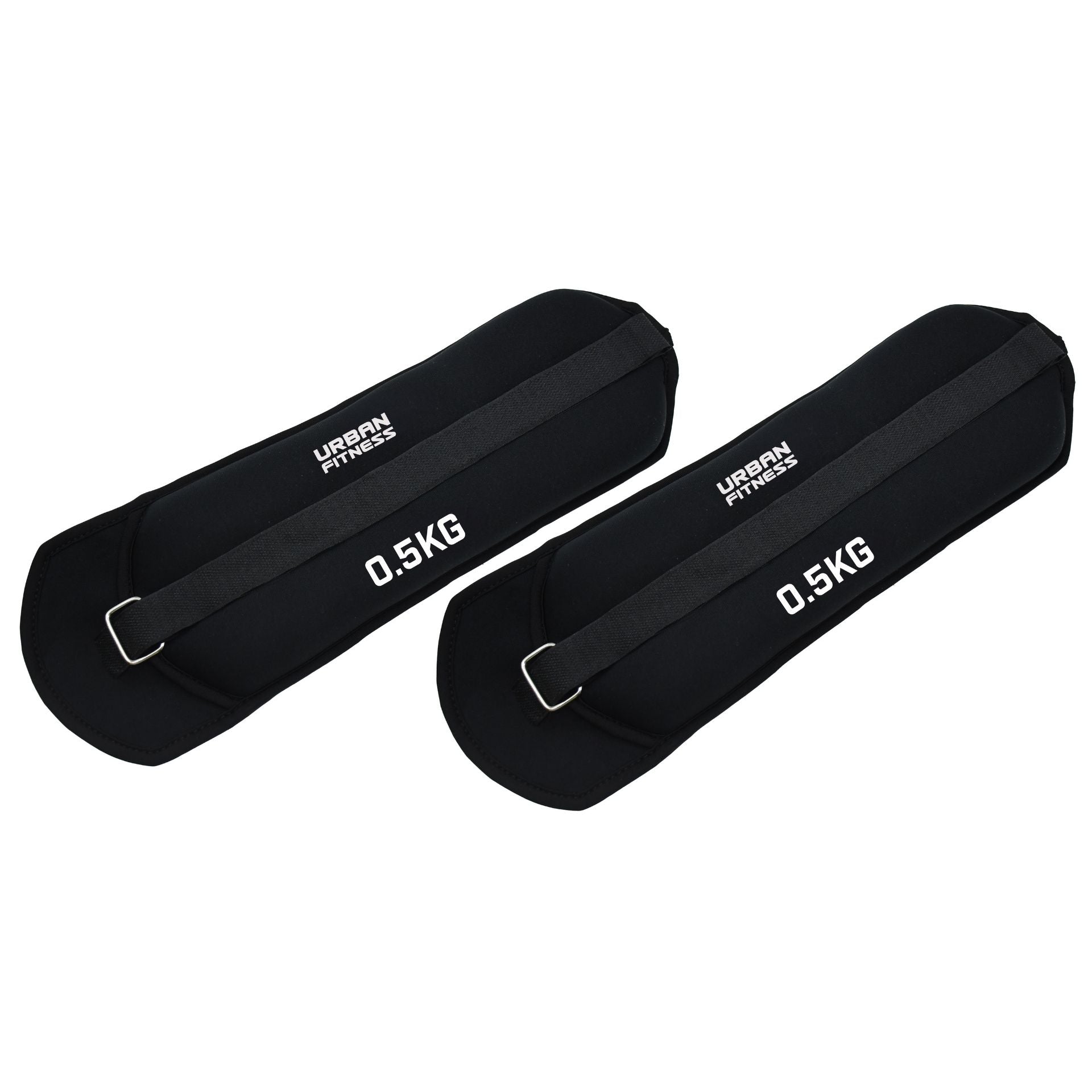 Two black Urban Fitness Neoprene Ankle/Wrist Weights (0.5 KG each) with adjustable straps and metal buckles are shown side by side on a white background.