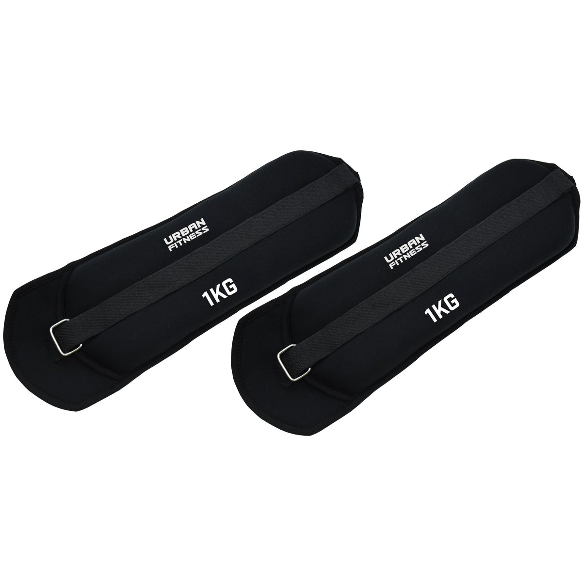 Two black Urban Fitness Neoprene Ankle/Wrist Weights, each labeled 1 KG, with adjustable straps and metal buckles, are placed side by side on a white background.