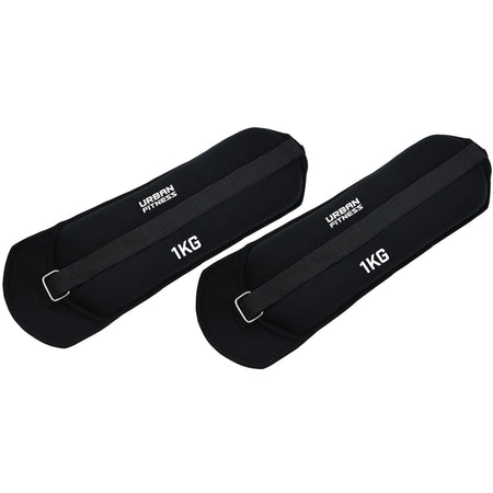 Two black Urban Fitness Neoprene Ankle/Wrist Weights, each labeled 1 KG, with adjustable straps and metal buckles, are placed side by side on a white background.