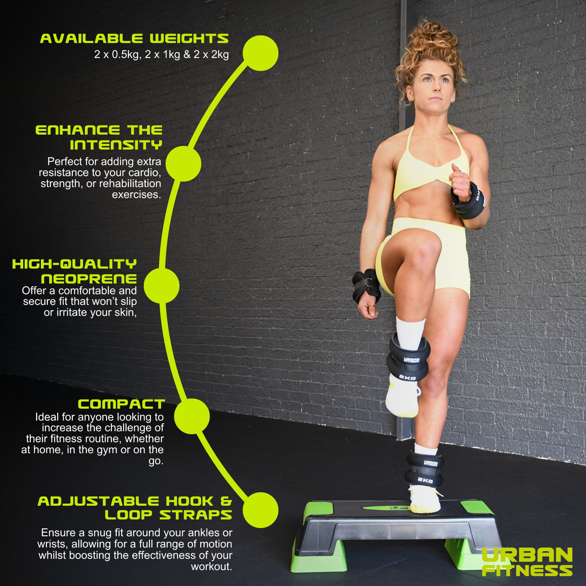 A woman in yellow workout clothes exercises with Urban Fitness Neoprene Ankle/Wrist Weights, featuring multiple sizes, high-quality neoprene, compact design, and secure hook & loop straps for enhanced intensity.
