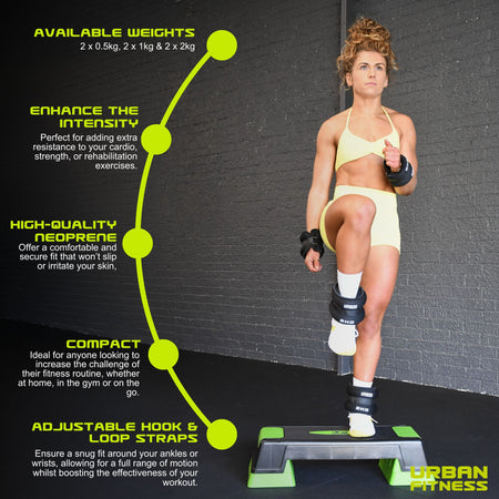 A woman in yellow workout clothes exercises with Urban Fitness Neoprene Ankle/Wrist Weights, featuring multiple sizes, high-quality neoprene, compact design, and secure hook & loop straps for enhanced intensity.