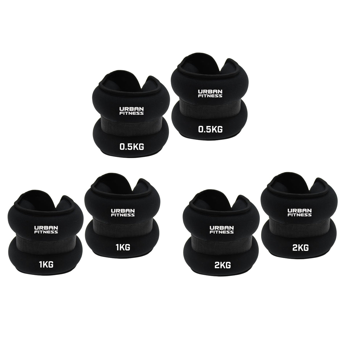 Five pairs of Urban Fitness Neoprene Ankle/Wrist Weights in 0.5kg, 1kg, and 2kg sizes are stacked together, each showing the Urban Fitness branding.