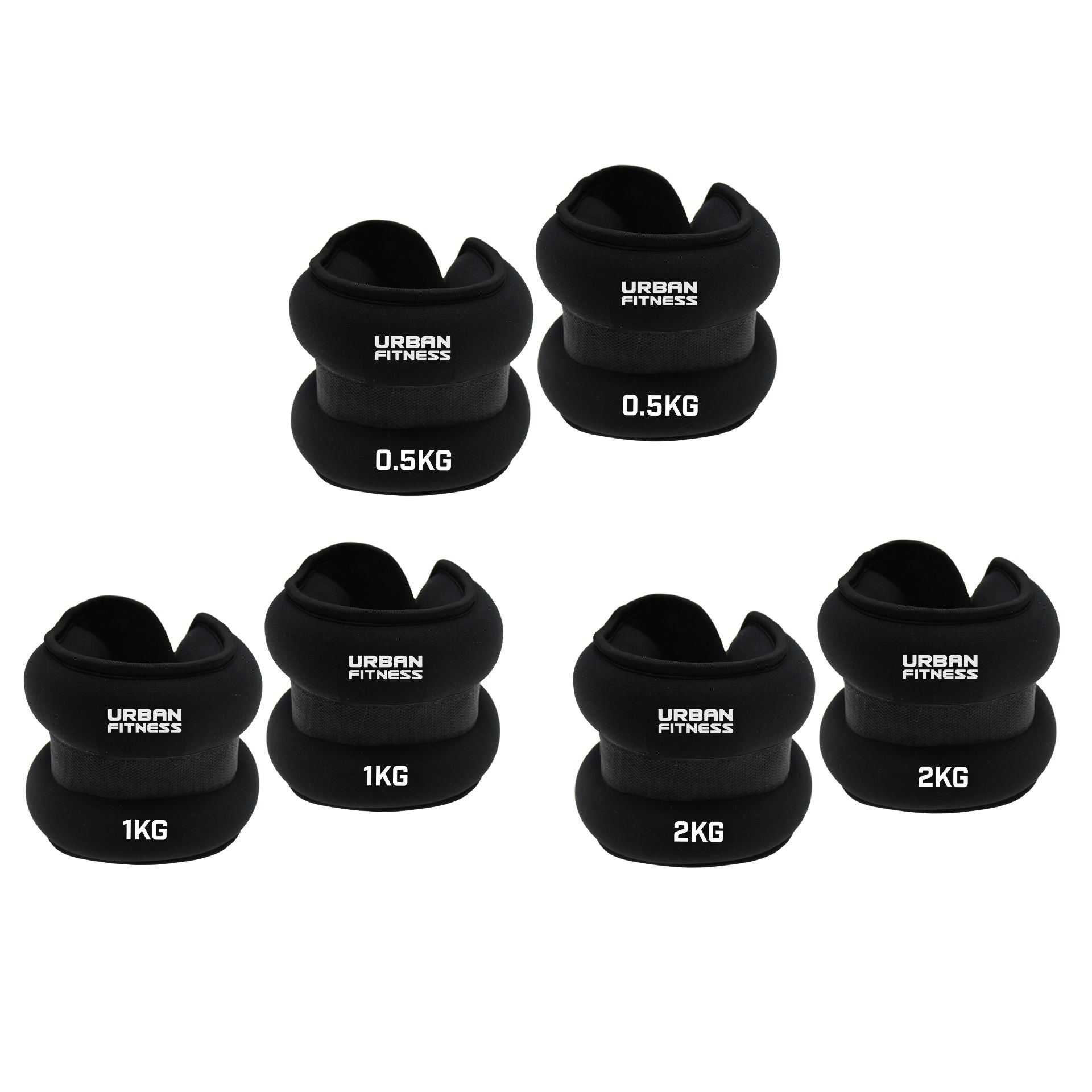 Five pairs of Urban Fitness Neoprene Ankle/Wrist Weights in 0.5kg, 1kg, and 2kg sizes are stacked together, each showing the Urban Fitness branding.