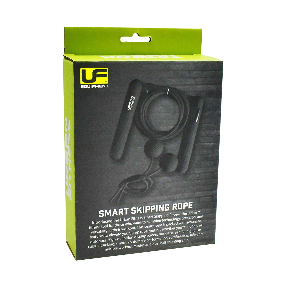 A retail box for Urban Fitness Smart Skipping Rope by Urban Fitness, featuring an image of the black rope with digital handles on a gray brick background—ideal for cardio training and calorie tracking, plus product description below the name.