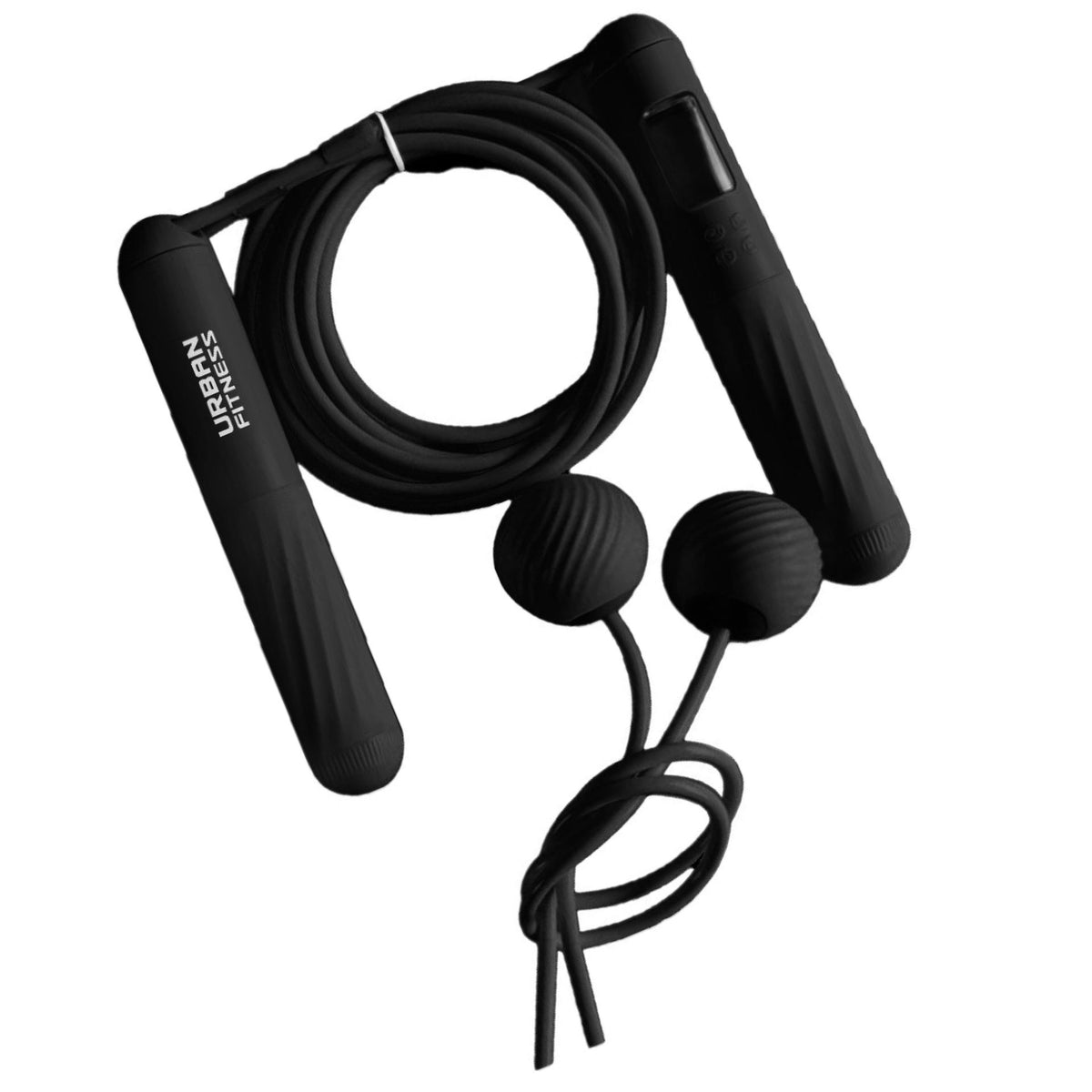 The Urban Fitness Smart Skipping Rope by Urban Fitness features textured handles and removable weighted balls on a mini rope, perfect for cardio workouts, shown here in black against a white background.