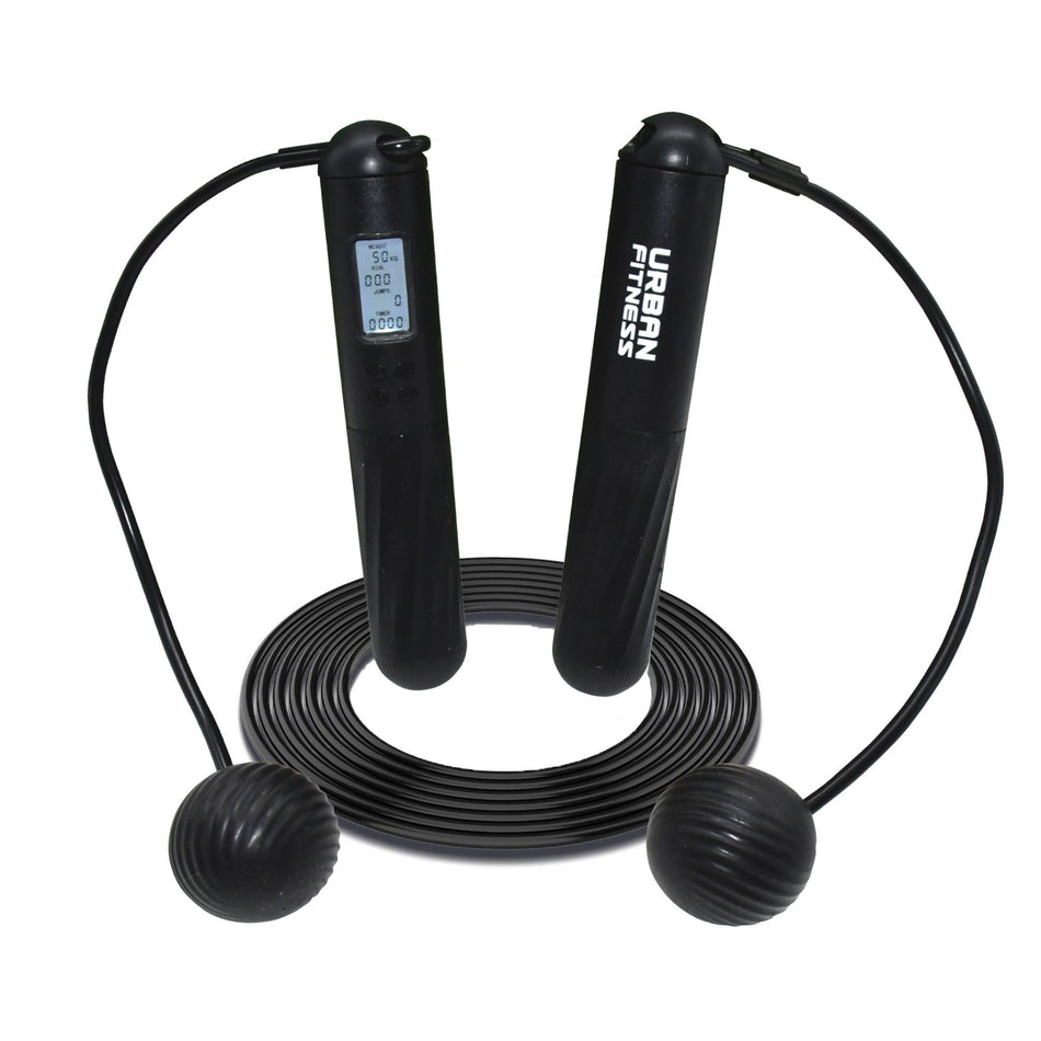 The Urban Fitness Smart Skipping Rope features an LCD calorie tracker on one handle, Urban Fitness branding on the other, and detachable weighted balls—ideal for cardio training. Displayed coiled on a white background.